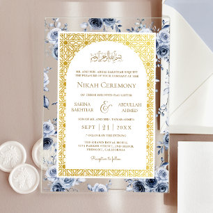 Invitations En Acrylique Mariage Musulman Motif Floral Bleu Poussiéreux Or