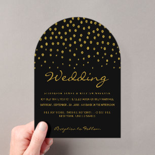 Invitations En Acrylique Mariage - Noir & Or - Pois Dorés