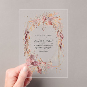 Invitations En Acrylique Mariage occidental floral bohème transparent