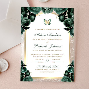 Invitations En Acrylique Mariage Papillon Arc Floral Vert Émeraude Or