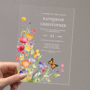 Invitations En Acrylique Mariage Papillon Fleurs Sauvages Colorées Élégant