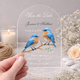 Invitations En Acrylique Mariage Pastel Ivoire Inséparables Oiseaux Bleus R
