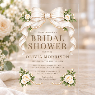 Invitations En Acrylique Mariage Pearl White Bow Floral Bridal Shower