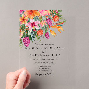 Invitations En Acrylique Mariage Photo Floral Tropical Orange Rose Coloré
