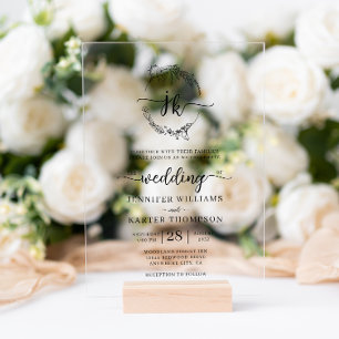 Invitations En Acrylique Mariage photo Floral Wreath Monogram