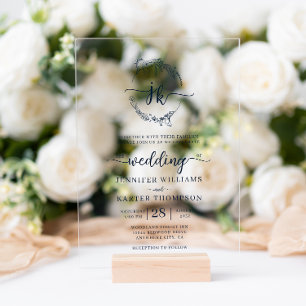 Invitations En Acrylique Mariage photo Floral Wreath Navy Blue Monogram