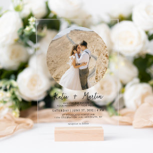 Invitations En Acrylique Mariage photo rond noir et blanc simple