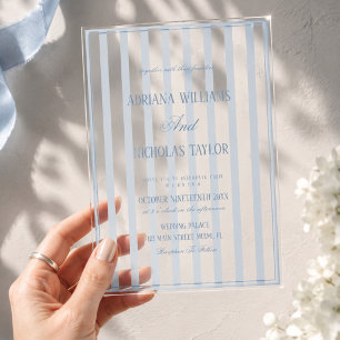 Invitations En Acrylique Mariage rayé bleu poussiéreux
