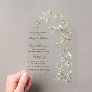 Invitations En Acrylique Mariage religieux avec arche de feuillage à l'aqua