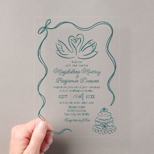 Invitations En Acrylique Mariage Rétro aux Cygnes Verts Sarcelle Dessinés à