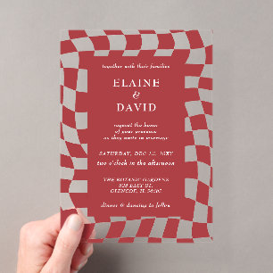 Invitations En Acrylique Mariage Rétro Groovy à Damier Rouge