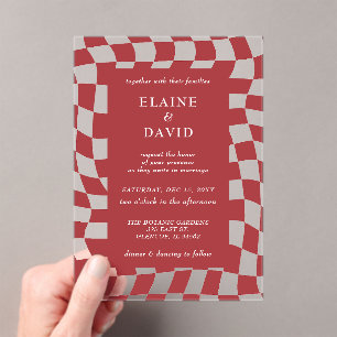 Invitations En Acrylique Mariage Retro Super Red Checkerboard