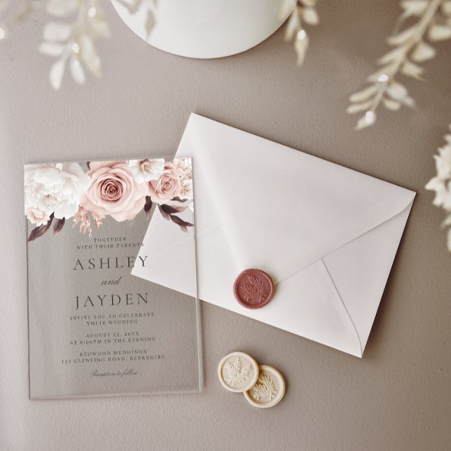 Invitations En Acrylique Mariage Rose et Fleurs blanches (Créateur téléchargé)