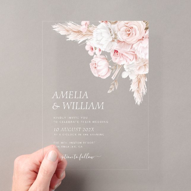 Invitations En Acrylique Mariage rose moderne poussiéreux à fleurs (In situ (ordinateur de poche))