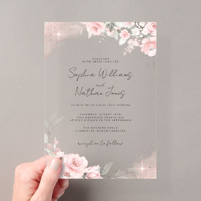 Invitations En Acrylique Mariage Rose rose pâle en argent  (In situ (ordinateur de poche))