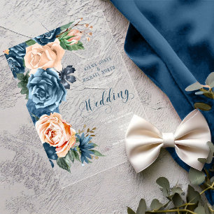 Invitations En Acrylique Mariage Roses Bleues/Pêche Transparent ID584