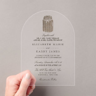Invitations En Acrylique Mariage Rustique en Pot Mason Toile de Jute