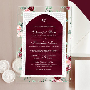 Invitations En Acrylique Mariage Sikh Punjabi Anand Karaj Floral Bourgogne