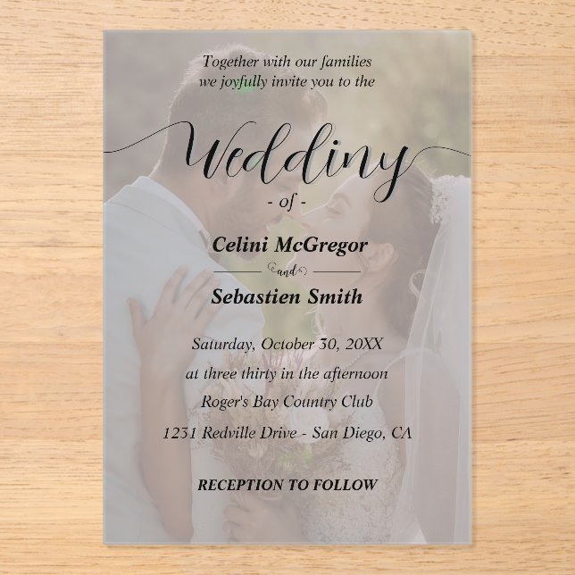 Invitations En Acrylique Mariage simple de superposition photo en noir et b (Recto)