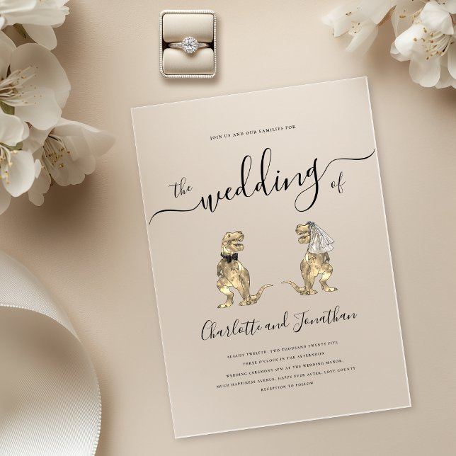 Invitations En Acrylique Mariage sur le thème des dinosaures (Modern Elegant script Dinosaur theme wedding 5 x 7 acrylic invitation black tie T-Rex groom)