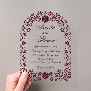 Invitations En Acrylique Mariage Talavera du Mexique rouge de Bourgogne