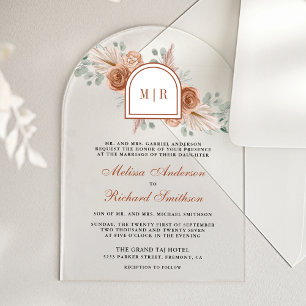 Invitations En Acrylique Mariage Terracotta Floral Boho Pampas Orange Brûlé