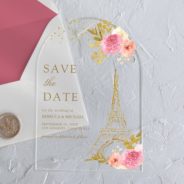 Invitations En Acrylique Mariage tour Eiffel rose floral Enregistrer la dat (Créateur téléchargé)