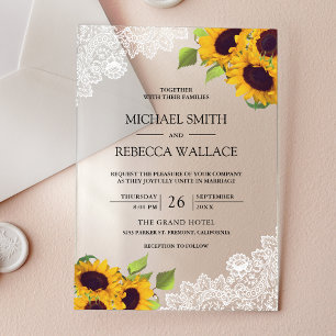Invitations En Acrylique Mariage Tournesols Dentelle Blanche