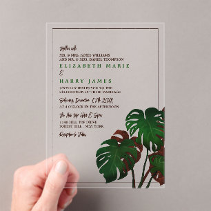 Invitations En Acrylique Mariage Tropical sur la Plage avec Monstera