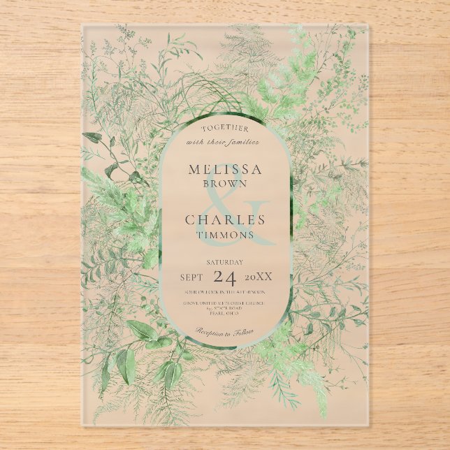 Invitations En Acrylique Mariage vert émeraude de feuillage vert de fougère (Recto)