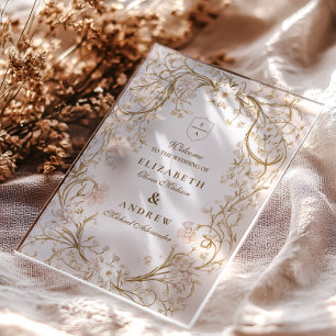 Invitations En Acrylique Mariage Vintage romantique à cadre Floral Or