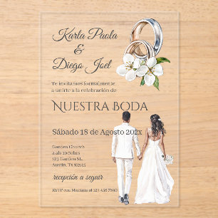 Invitations En Acrylique Mariés mariage avec anneaux en espagnol