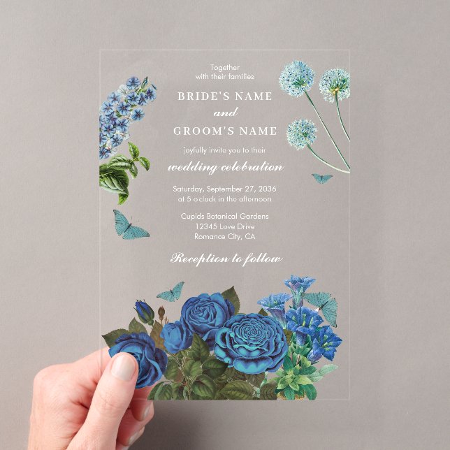 Invitations En Acrylique Marine Bleu Floral Aquarelle Mariage élégant (In situ (ordinateur de poche))