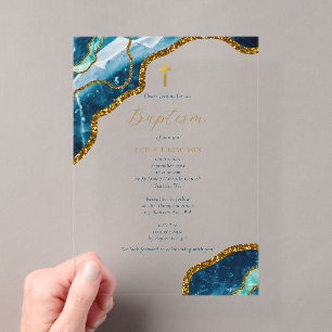 Invitations En Acrylique Marine Blue Geode Agate Gold Cross Baptême