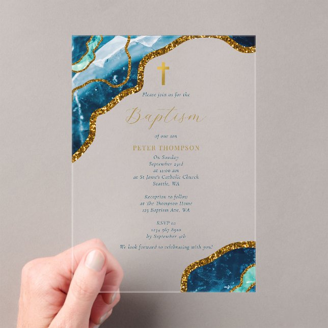 Invitations En Acrylique Marine Blue Geode Agate Gold Cross Baptême (In situ (ordinateur de poche))