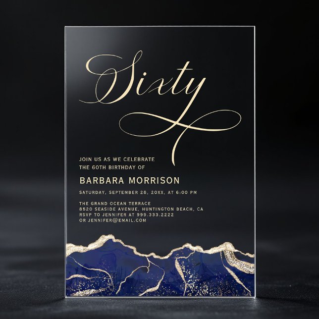 Invitations En Acrylique Marine Blue Gold Agate 60e Soixante Anniversaire (Créateur téléchargé)