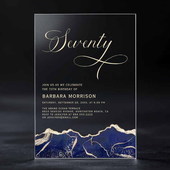 Invitations En Acrylique Marine Blue Gold Agate 70e Soixante-dix anniversai (Créateur téléchargé)