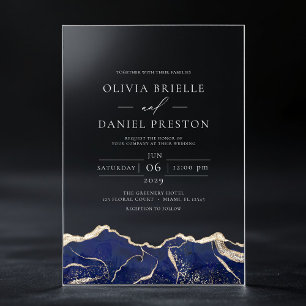 Invitations En Acrylique Marine Blue Gold Agate Élégant Mariage moderne