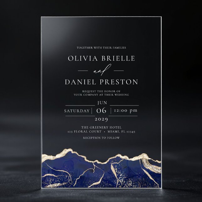 Invitations En Acrylique Marine Blue Gold Agate Élégant Mariage moderne (Créateur téléchargé)
