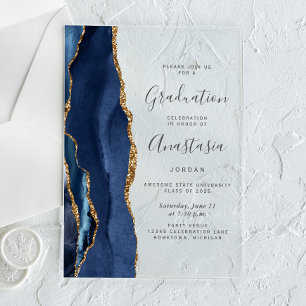 Invitations En Acrylique Marine Blue Gold Agate Gris Texte Graduation