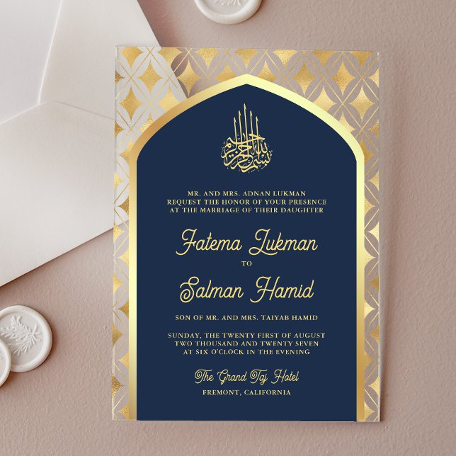 Invitations En Acrylique Marine Blue Gold Diamonds Arch Mariage musulman (Créateur téléchargé)