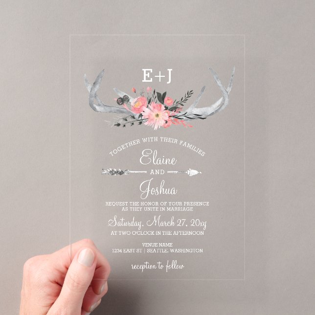 Invitations En Acrylique Marine Blush Blooming Antlers Pays Chic Mariage (In situ (ordinateur de poche))