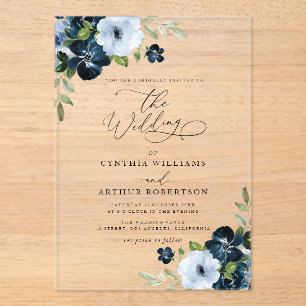 Invitations En Acrylique Marine branchée et mariage bleu clair