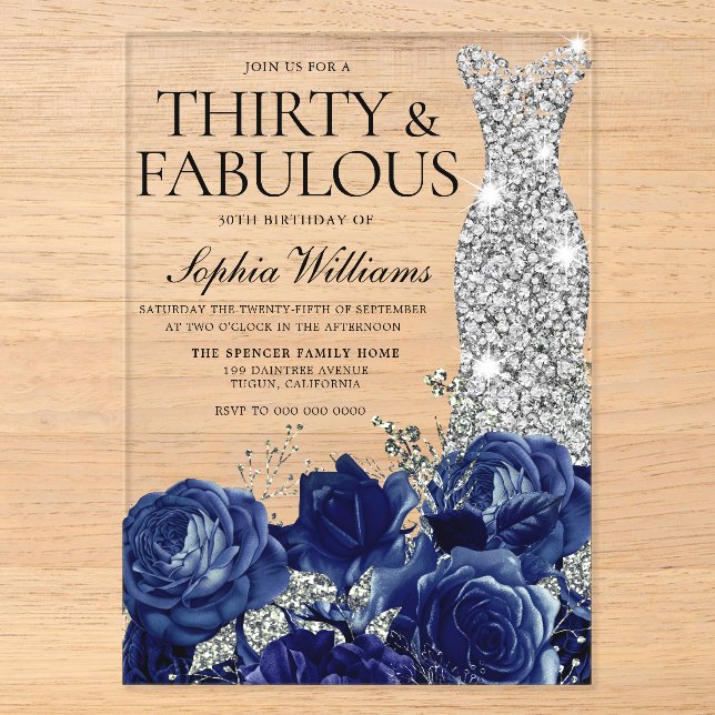 Invitations En Acrylique Marine Rose Diamond Gown 30e fête d'anniversaire (Recto)