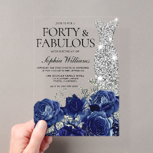 Invitations En Acrylique Marine Rose Diamond Gown 40e anniversaire fête