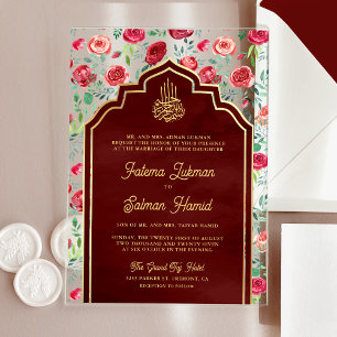 Invitations En Acrylique Maroon Gold Red Roses Floral musulman Mariage