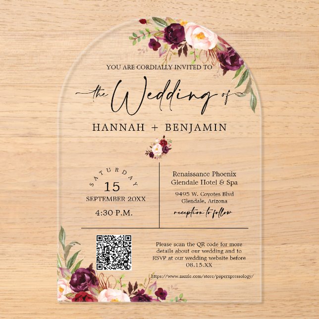 Invitations En Acrylique Marsala Boho Arché Mariage moderne minimal QR Code (Recto)
