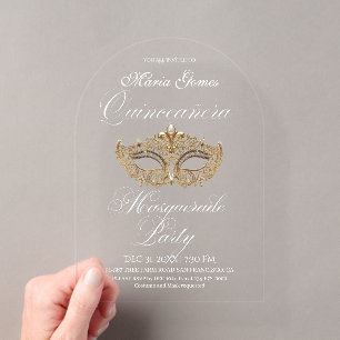 Invitations En Acrylique Mascarade de masque d'or Quinceanera Anniversaire 