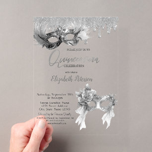 Invitations En Acrylique Mascarade Masque Paillettes Gouttes Argent Quincea