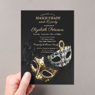 Invitations En Acrylique Mascarade noire élégante, Masque Sweet 16